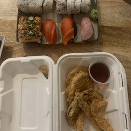 Tempura + tuna and salmon nigiri, salmon oshi, California roll and tuna avo roll.