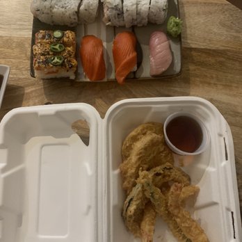 The Kitchen Dada - Tempura + tuna and salmon nigiri, salmon oshi, California roll and tuna avo roll. - Japanese Near Me - Vancouver, British Columbia