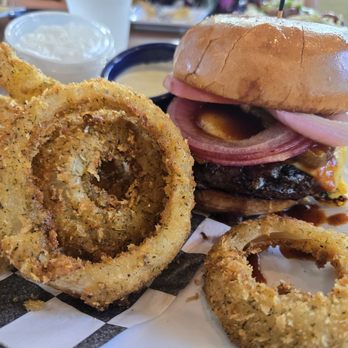 Joe's Farm Grill - Gouda garlic bacon burger with rings. - American Near Me - Gilbert, Arizona Joe's Farm Grill - Gouda garlic bacon burger with rings. - American Near Me - Gilbert, Arizona