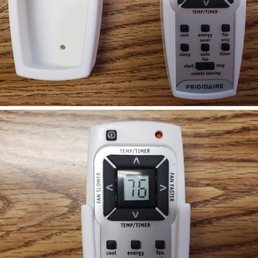 Frigidaire AC remote with 3d printed wall-mount holder. Frigidaire AC remote with 3d printed wall-mount holder.