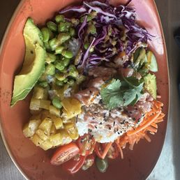 Ahi Tuna sushi bowl-tuna ,carrots,cucumber,tomatoes,red cabbage,edamame,pineapple,jasmine rice,wasabi,cilantro lime vinaigrette,avocado