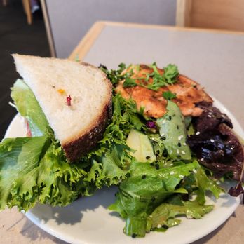 Wildflower - Half Asian salad with salmon and half almond tuna sandwich on sourdough - Breakfast & Brunch Near Me - Gilbert, Arizona