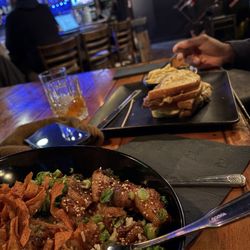 Pike Cornerstone - 2900 Rice Bowl with pork belly bites, Chipotle Patty Melt with side of Mac & Cheese