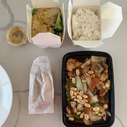 Taki Outi - One order of Kung pow chicken, white rice, veggie fried rice, two veggie spring rolls