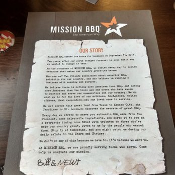 Mission BBQ - Front of their menu that tells their story..... - Barbeque Near Me - Mason, Ohio