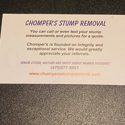Chompers Stump Removal - Business card for where to text a photo of the stump for pricing...