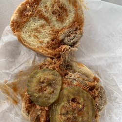 Porky's Pit B B Q - Pulled Pork Sandwich with Hot BBQ Sauce and Pickles
