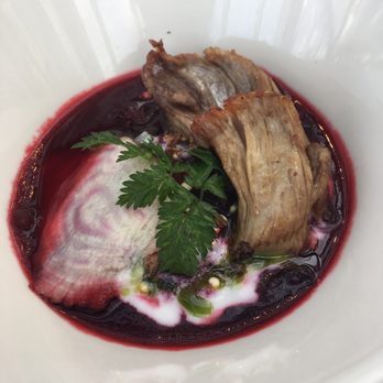 De Kas - Soup with beats, green garlic and fried duck - Modern European Near Me - Amsterdam, New Hampshire De Kas - Soup with beats, green garlic and fried duck - Modern European Near Me - Amsterdam, New Hampshire