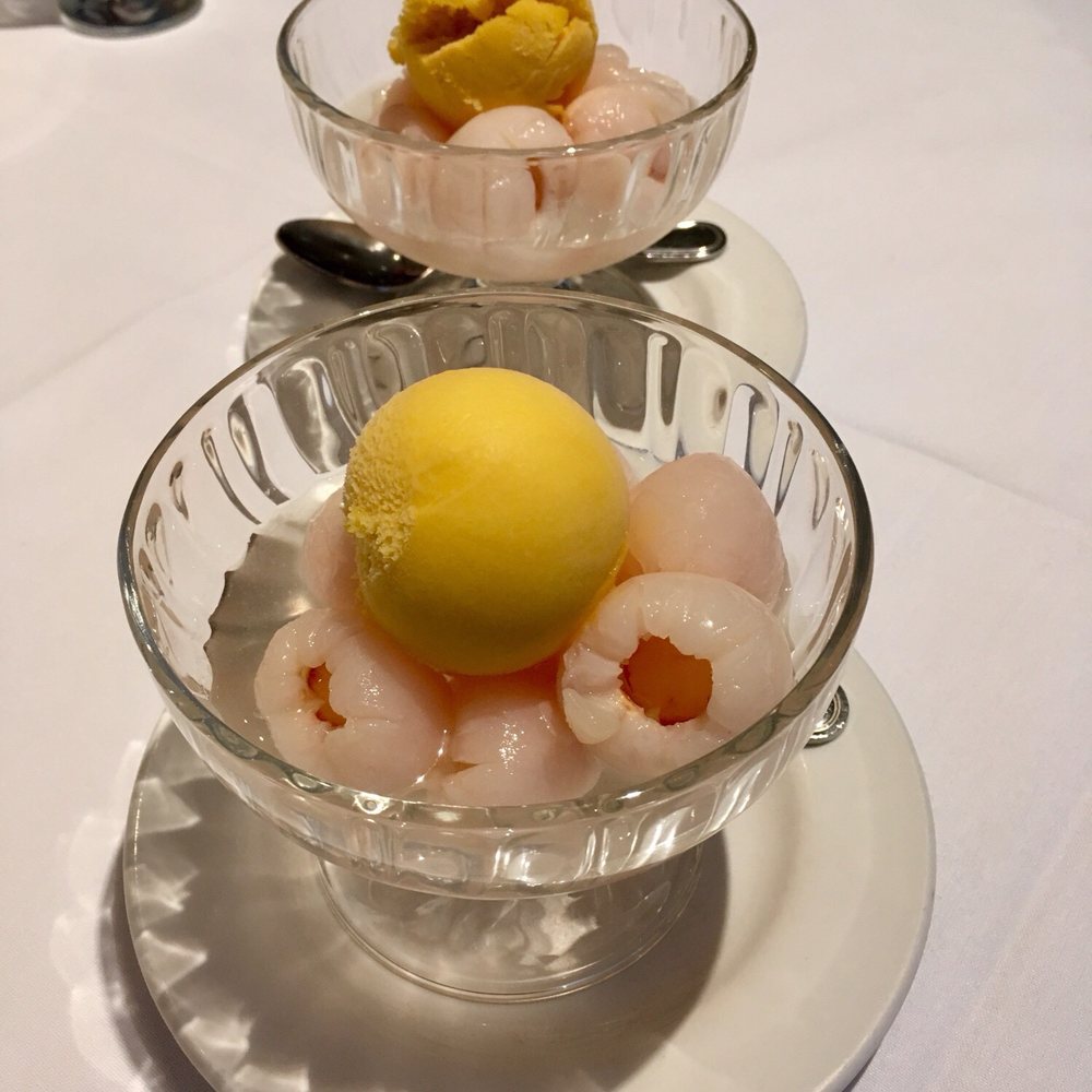 Malacca Restaurant - Lychees with Mango Sorbet - Chinese Near Me - Farnborough, HAM Malacca Restaurant - Lychees with Mango Sorbet - Chinese Near Me - Farnborough, HAM