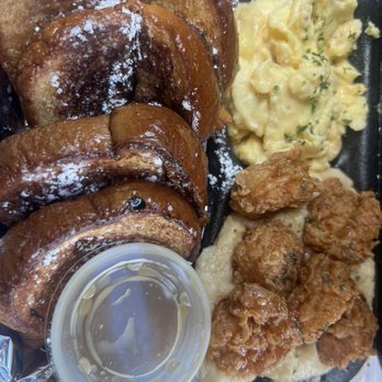 Good Mornings - Good Plate with french toast, scrambled eggs, cheese grits, hot honey shrimp on top of grits. Perfection. - Food Trucks Near Me Good Mornings - Good Plate with french toast, scrambled eggs, cheese grits, hot honey shrimp on top of grits. Perfection. - Food Trucks Near Me