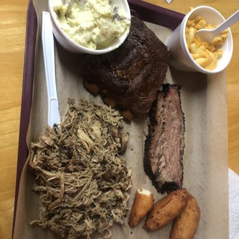 Caino's BBQ at the Red Barn - Sampler 3 item plate! Ribs, brisket, pulled pork. Sides are Mac n cheese and potato salad - Barbeque Near Me - Hubert, North Carolina