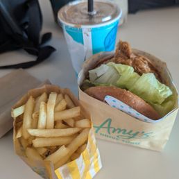 Crispy "chicken" sandwich with fries and a coffee & chocolate shake. Crispy "chicken" sandwich with fries and a coffee & chocolate shake.