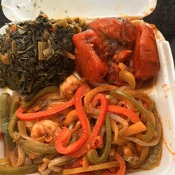 Exclusive Jerk Caribbean Restaurant - Jerk Shrimp Dinner Special Candied Yams Collard Greens