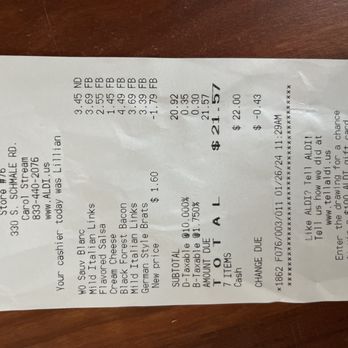 ALDI - a receipt for a restaurant - Grocery Near Me - Carol Stream, Illinois