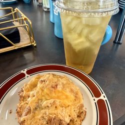 Poblano cheddar cornmeal scone with strawberry green tea. SO good.