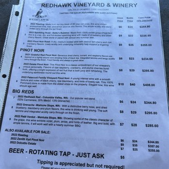 Redhawk Vineyard - Tasting menu - Wineries Near Me - Salem, Oregon