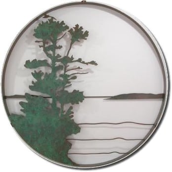 Kerr Studio & Gallery - Island View, a 36" diameter steel wall sculpture with copper coating, green patina, sealed for indoor or outdoor mounting. - Art Galleries Near Me - Bayfield, Wisconsin Kerr Studio & Gallery - Island View, a 36" diameter steel wall sculpture with copper coating, green patina, sealed for indoor or outdoor mounting. - Art Galleries Near Me - Bayfield, Wisconsin