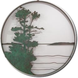 Kerr Studio & Gallery - Island View, a 36" diameter steel wall sculpture with copper coating, green patina, sealed for indoor or outdoor mounting.