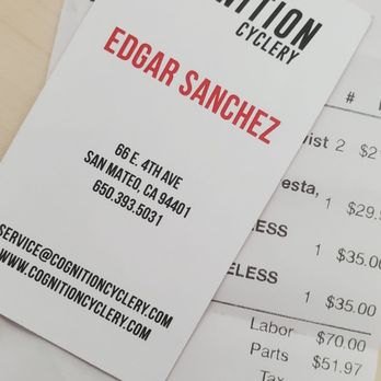 Cognition Cyclery - Receipt and business card - Bike Repair/Maintenance Near Me - San Mateo, California Cognition Cyclery - Receipt and business card - Bike Repair/Maintenance Near Me - San Mateo, California