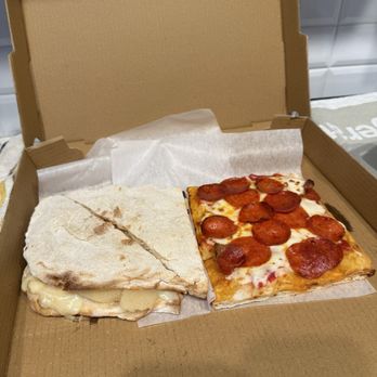 Bella Gente - On Left is "Early Autumn" Sandwich (Full order). Gorgonzola, walnuts, honey, pears  right side is Pepperoni slice - Pizza Near Me - Fort Worth, Texas