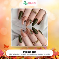 2H Nails - Elegant green leaves over a nude base bring natural charm to your nails this Thanksgiving.  Reserve your spot now!