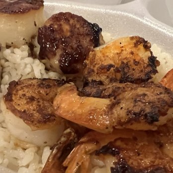 Fish N' Grill - Seared sea scallops and grilled shrimp on a bed of rice, with candied yams and broccoli. - Seafood Near Me - Fredericksburg, Virginia