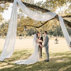 Outdoor wedding ceremony under the large wedding tree at The Catlett Farm.