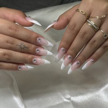 Daisies Nails Studio - french tips with gems nail art by Vanny - Nail Salons Near Me - Los Angeles, California
