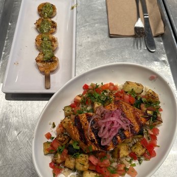 California Fish Grill - I got the Wild Caught Salmon Paleo Bowl w/ a shrimp skewer with Chimicurri Sauce - Seafood Near Me - Visalia, California California Fish Grill - I got the Wild Caught Salmon Paleo Bowl w/ a shrimp skewer with Chimicurri Sauce - Seafood Near Me - Visalia, California