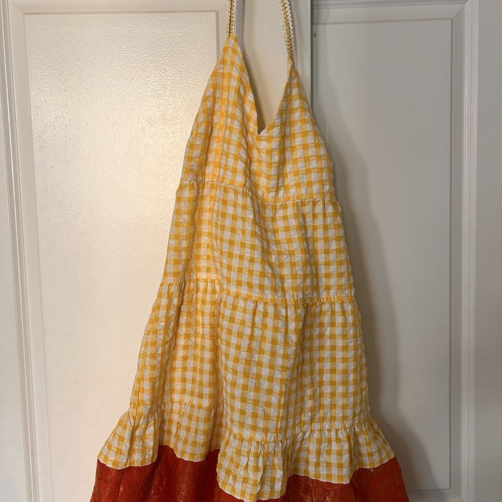 Astoria Fabrics - Originally a maxi dress with cap sleeves, now a mini halter (halter made with gold lace from the store) and added burnt orange/gold hem. - Fabric Stores Near Me - New York, New York