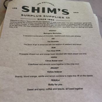 Shim's - Sunday funday: speakeasy style (cocktail menu) - Bars Near Me - Reno, Nevada
