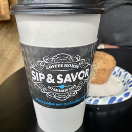 Large coffee with a warm banana nut muffin. Large coffee with a warm banana nut muffin.