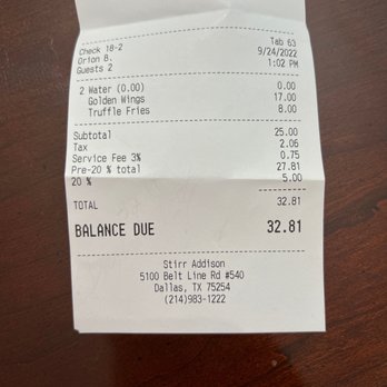 Stirr - 20% automatically added AND 3% service fee! Not cool! - New American Near Me - Dallas, Texas Stirr - 20% automatically added AND 3% service fee! Not cool! - New American Near Me - Dallas, Texas