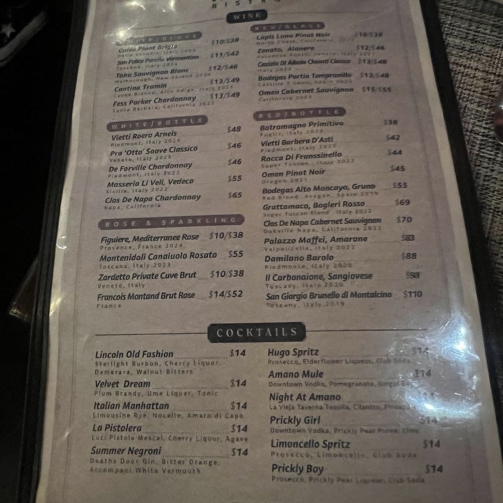 Amano Bistro - Drink Menu - Italian Near Me - Chicago, Illinois