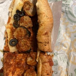 Subway - Meatball sub, meatballs cut in hslf
