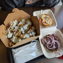 Big D's Poutine - Dilly Bean (Pickle Lovers) poutine, and a single classic smash burger