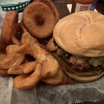 Pint and Barrel Drafthouse - Pico Burger with Onion Rings and Fries - Gastropubs Near Me - Palestine, Texas Pint and Barrel Drafthouse - Pico Burger with Onion Rings and Fries - Gastropubs Near Me - Palestine, Texas