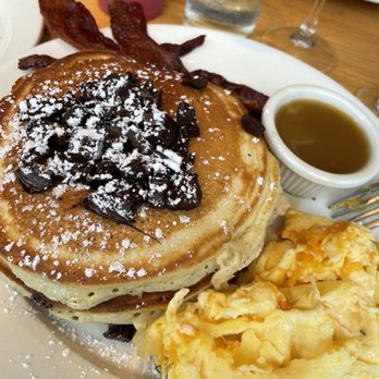 Clinton St. Baking - Pancakes- choc chunk w/ scrambled eggs & cheddar, Sugar Cured Bacon & Warm Maple Butter - Bakeries Near Me - New York, New York