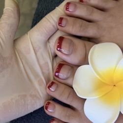 Red french tip on toes at Day Nail Bar. CALL(408)591-1166 4750 Almaden Expy, San Jose, CA, 95118. Follow Us: IG @day_nailbar