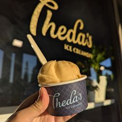 Theda’s Ice Creamery - Split single scoop  on top: farmers market flavor of the week: persimmon bergamot  on the bottom: miso caramel cornflake