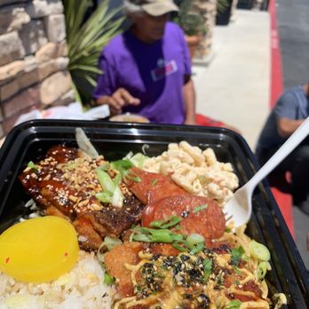 Ai Pono Cafe - One of many bentos we tried, but I think it had Korean chicken, haole rice, mac salad,Portuguese sausage, and chicken katsu..BOMB!! - Asian Fusion Near Me - Costa Mesa, California