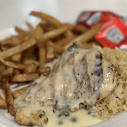 Blue Dixie Kitchen - Grilled chicken with rice. Substituted veggies for hand cut fries. Loved the fries.
