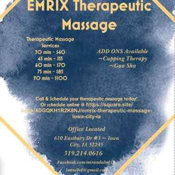 EMRIX Therapeutic Massage - Service available @ EMRIX Therapeutic Massage - Massage Therapy Near Me - Iowa City, Iowa EMRIX Therapeutic Massage - Service available @ EMRIX Therapeutic Massage - Massage Therapy Near Me - Iowa City, Iowa