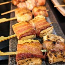 Noren Izakaya - Bacon Mochi ($5.00 per skewer) and Bacon Scallop ($6.50 per skewer).