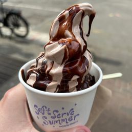 Chocolate soft serve with malted milk fudge sauce