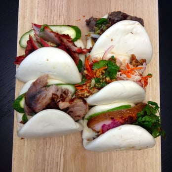 Baos Hog - Left down: duck, chasiu (I might be wrong) Right down: short rib, hot chick, crispy pork belly - Chinese Near Me - Garden Grove, California