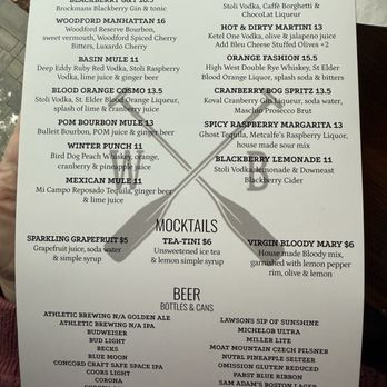Walter's Basin - Cocktail menu - A printed cocktail menu from Walter's Basin in Holderness, NH, featuring a selection of cocktails, mocktails, and beers with descriptions and prices. - American Near Me - Holderness, New Hampshire