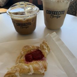 Iced Banana loaf latte, iced flan latte and pastry.
