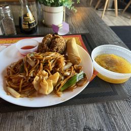 27a. Shrimp Lo Mein Lunch Special. I found 3 small, overcooked shrimp on the Lo Mein. Note how small the included soup is.