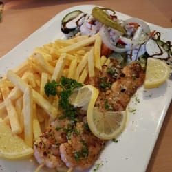 Samos Gyros Grill - Gambaspiesse mit Reis/Fritten und Salat.